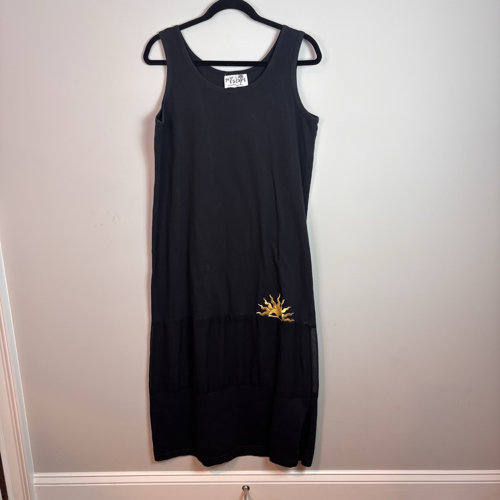 Vtg 21st Escape Women's Black Sheer Panel Sun 90s Overall Maxi Dress Size M/L
